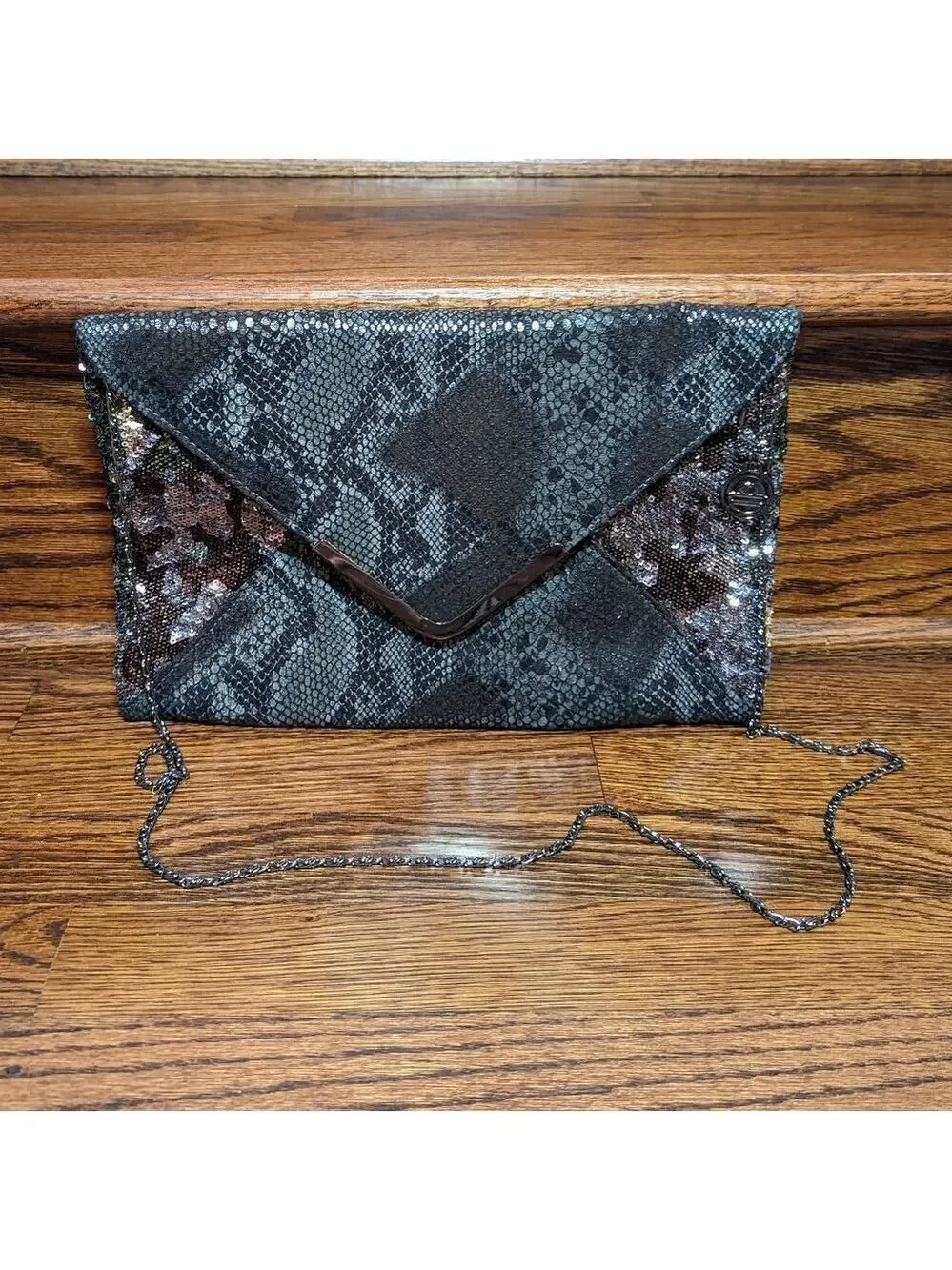 Big Buddha Gunmetal Snakeskin and Sequin Envelope Clutch EUC